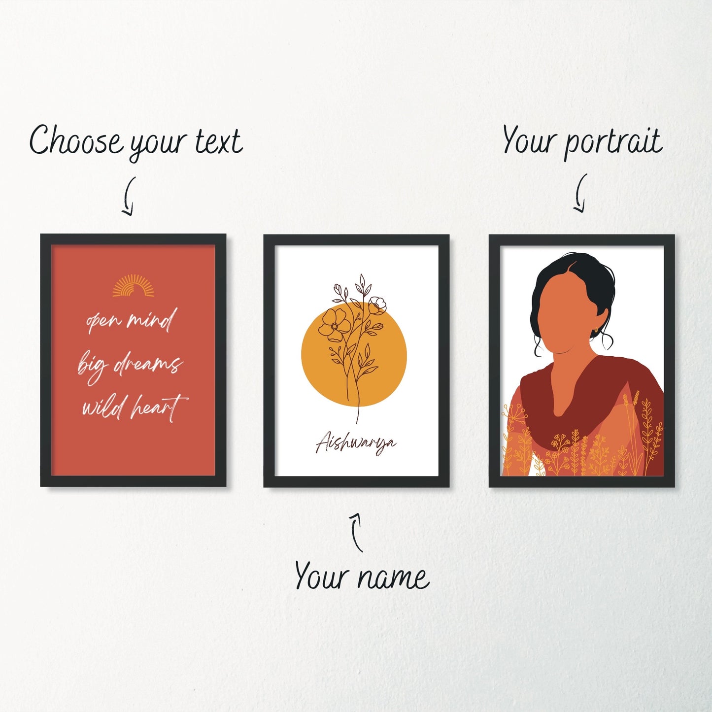 Boho Custom Portrait Set Of 3 Wall Art