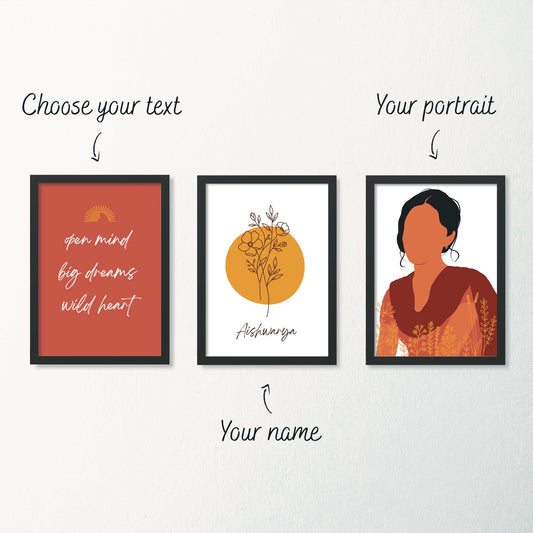 Boho Custom Portrait Set Of 3 Wall Art